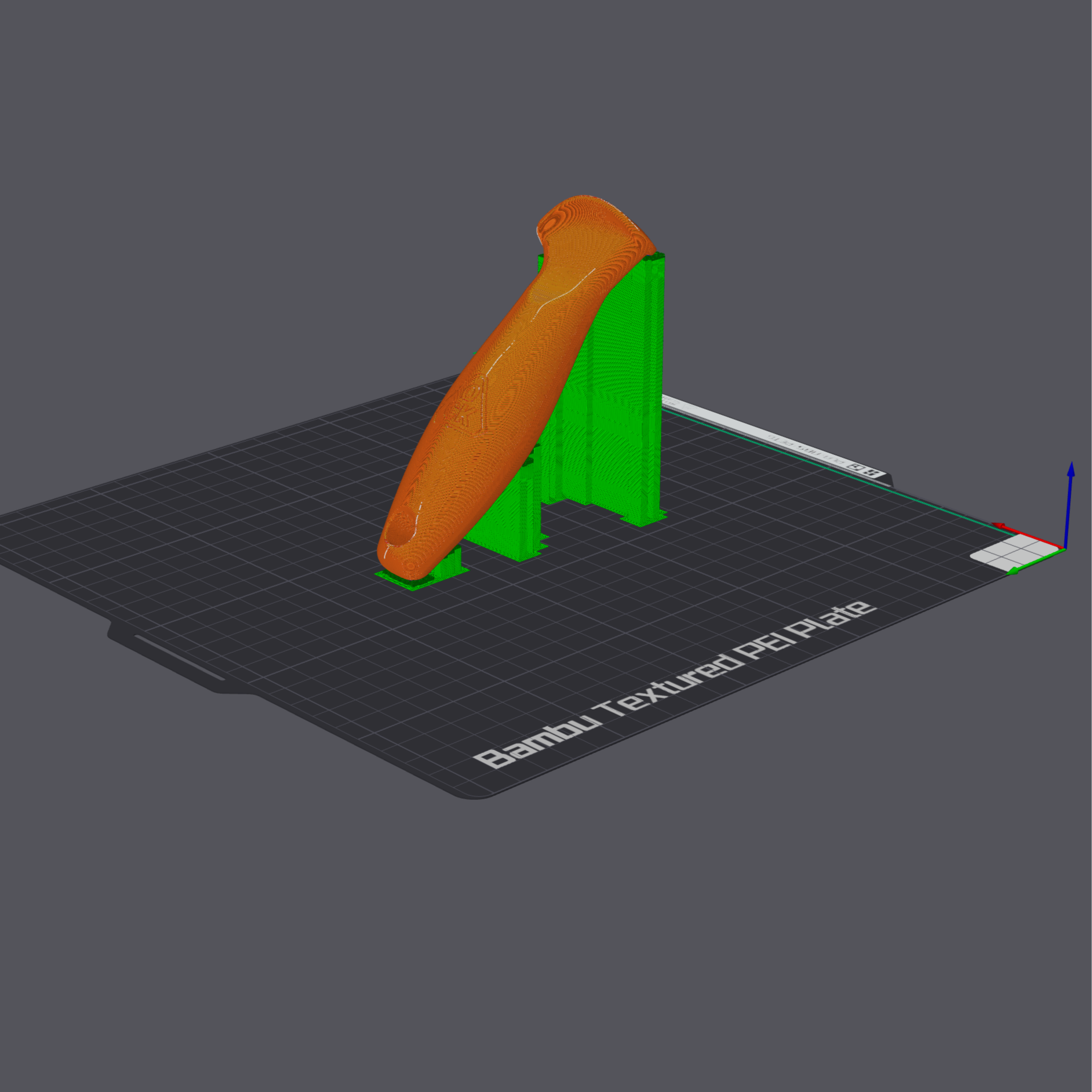 3D print rendering of the OCK Oyster Knife handle in a software modeling studio, showing the model angled with green support structures on a textured PEI plate.