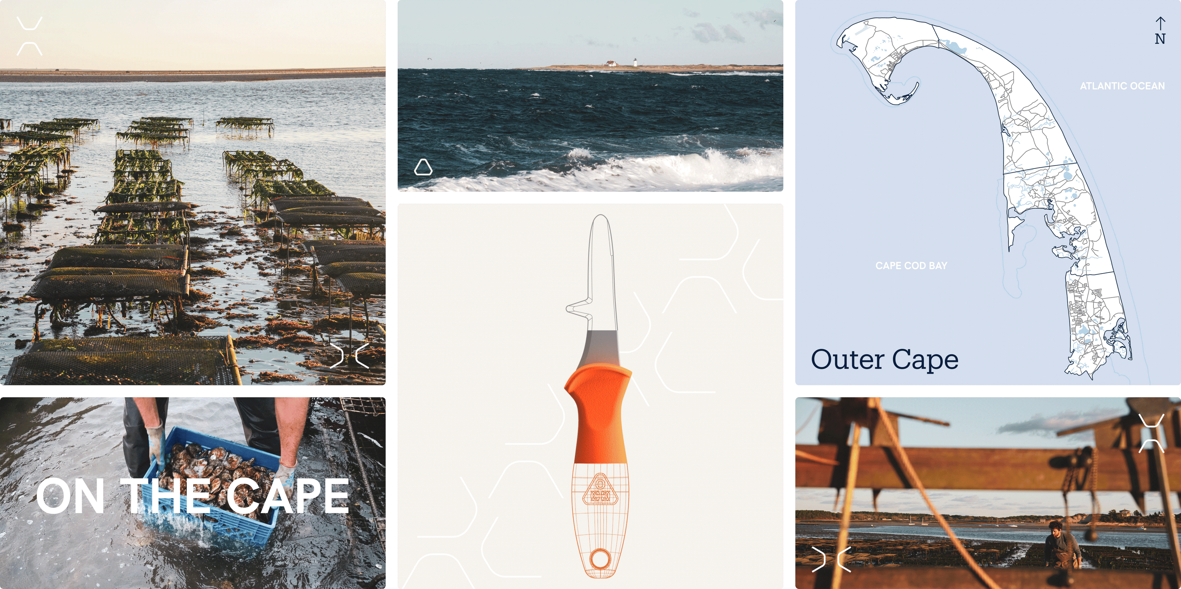 Collage showing oyster farms, Cape Cod Bay, aquaculture workers, breaking waves, a Cape Cod map, and an OCK oyster knife render—illustrating the Outer Cape roots and inspiration behind the product.
