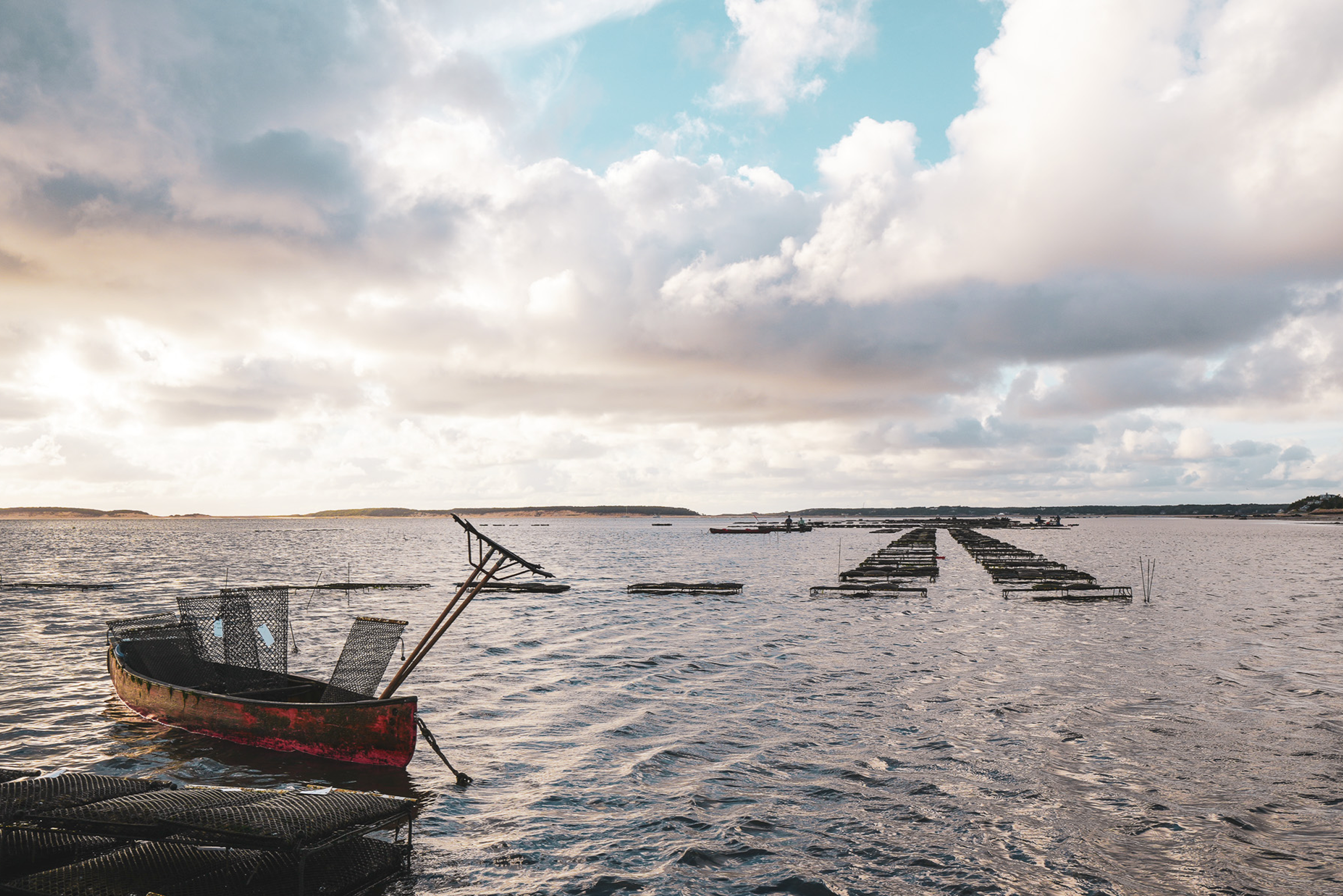 Boats and oyster rack structures appear out of a body of water under a cloudy sky