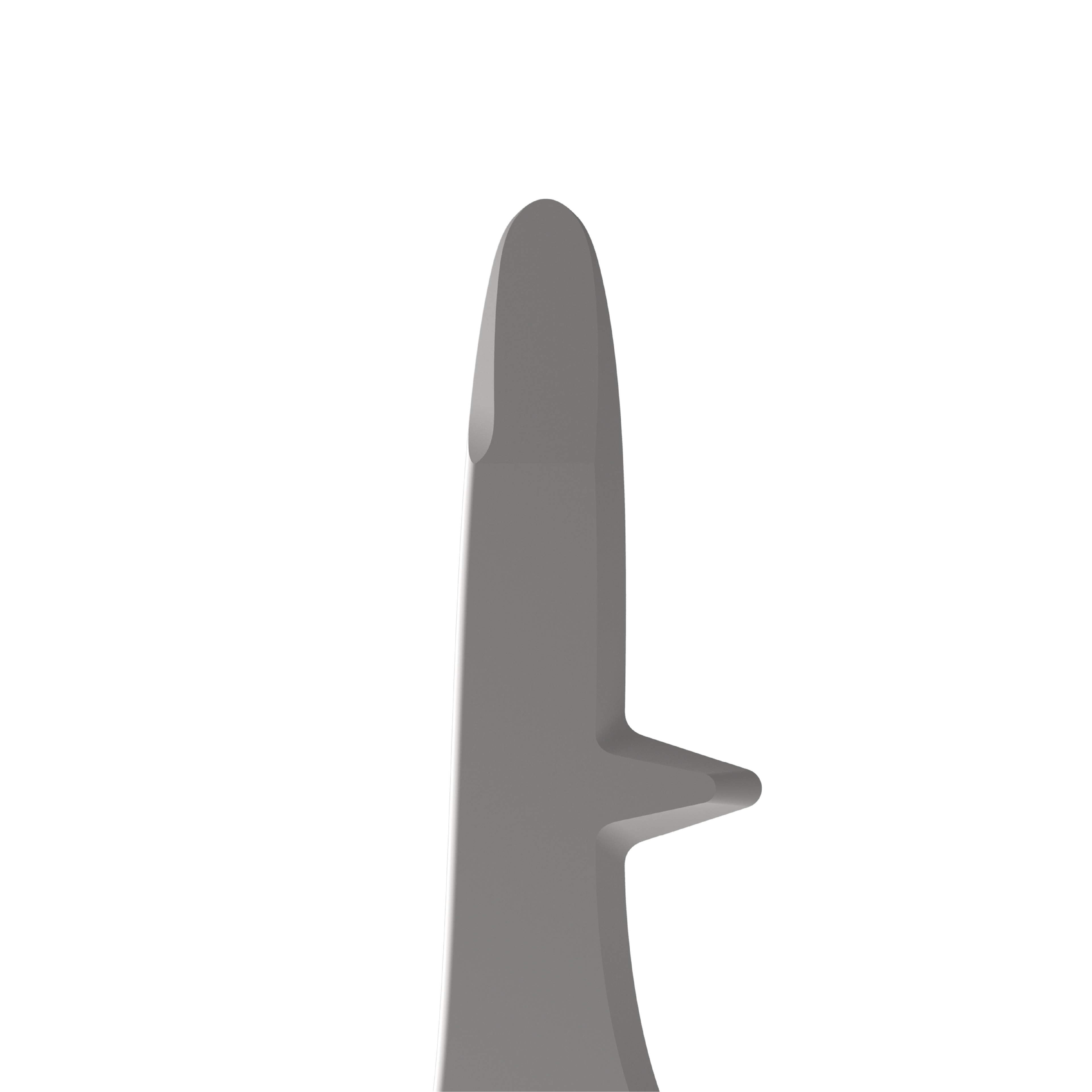 Front view of OCK Oyster Knife blade showing dual scraping edges, beveled tip, and ergonomic spine geometry