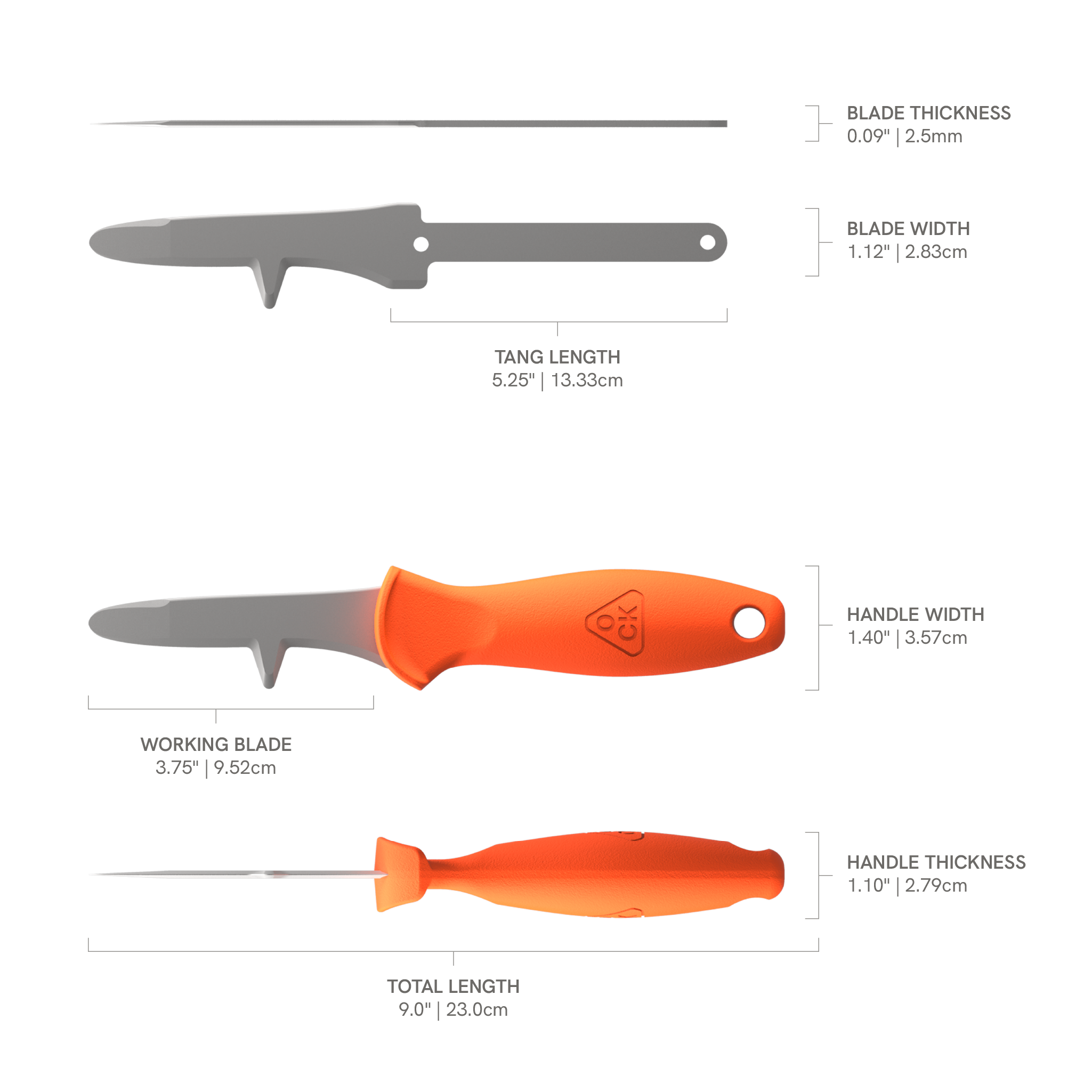 Knife diagram showing full tang blade, handle width, and working blade length of the OCK Oyster Knife for detailed specifications