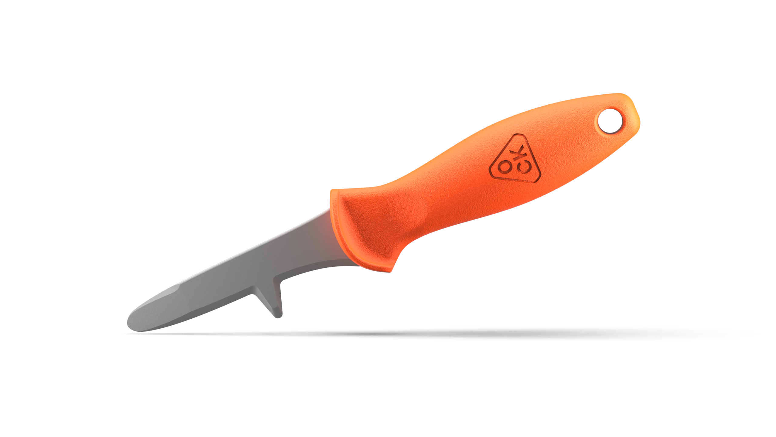 Side view of OCK Oyster Knife with ergonomic orange handle and curved blade tip designed for safe oyster shucking