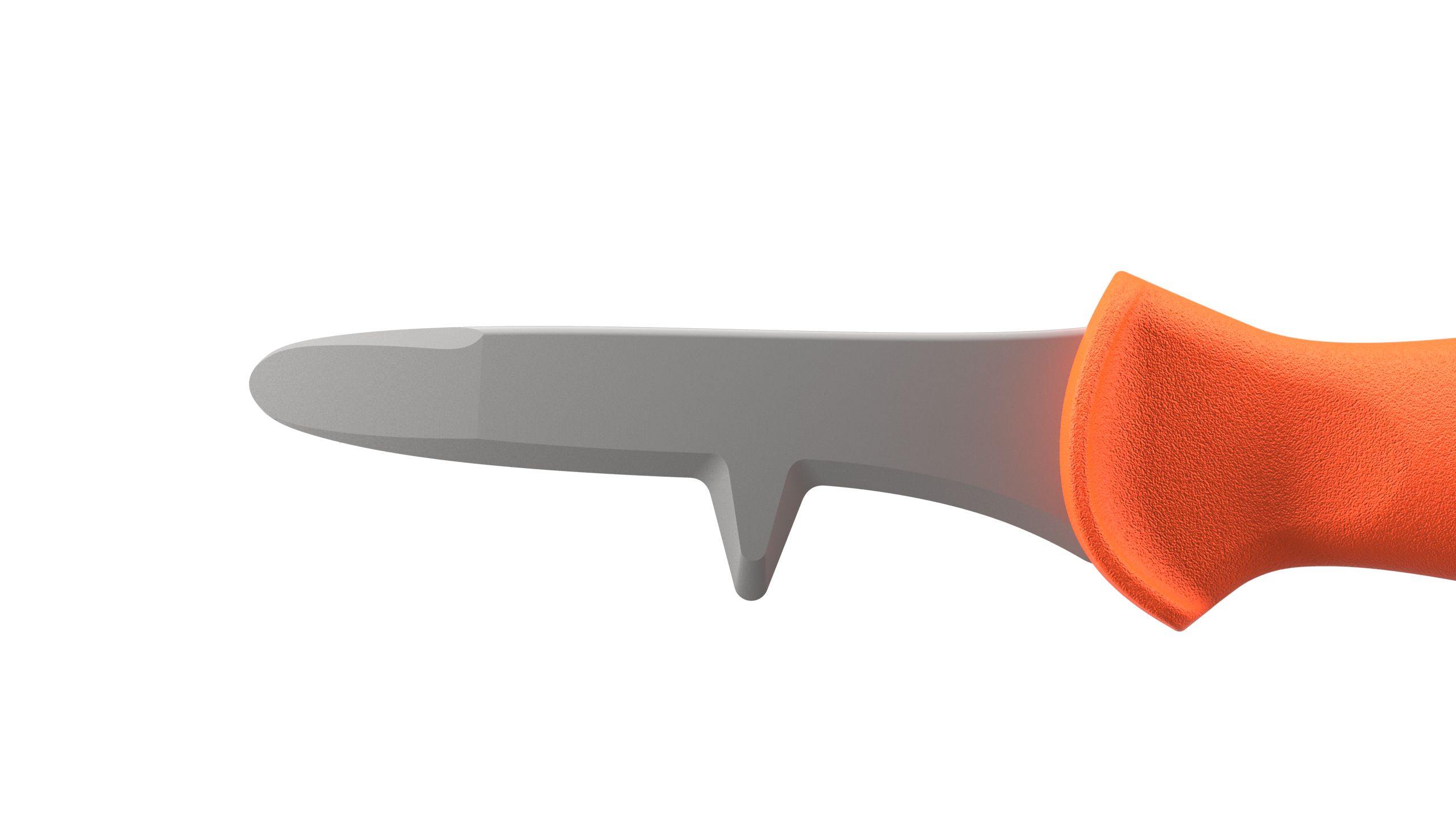 Close-up of OCK Oyster Knife blade showing ergonomic handle and dual-sided edge for hinge and side shucking techniques