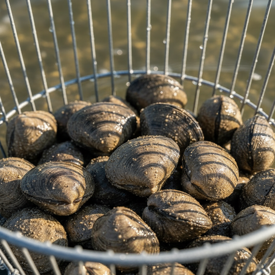 Wired basket filled with clams with blurred bay background