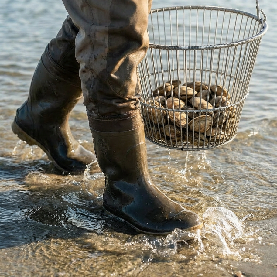 Person wearing rubber boots and holding a basket of oysters on a beach.